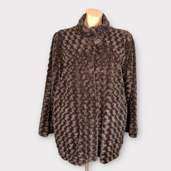 Dennis Basso Womens Plus Faux Fur Coat Brown Textured Rosette Hook Front size 3X - Picture 1 of 15